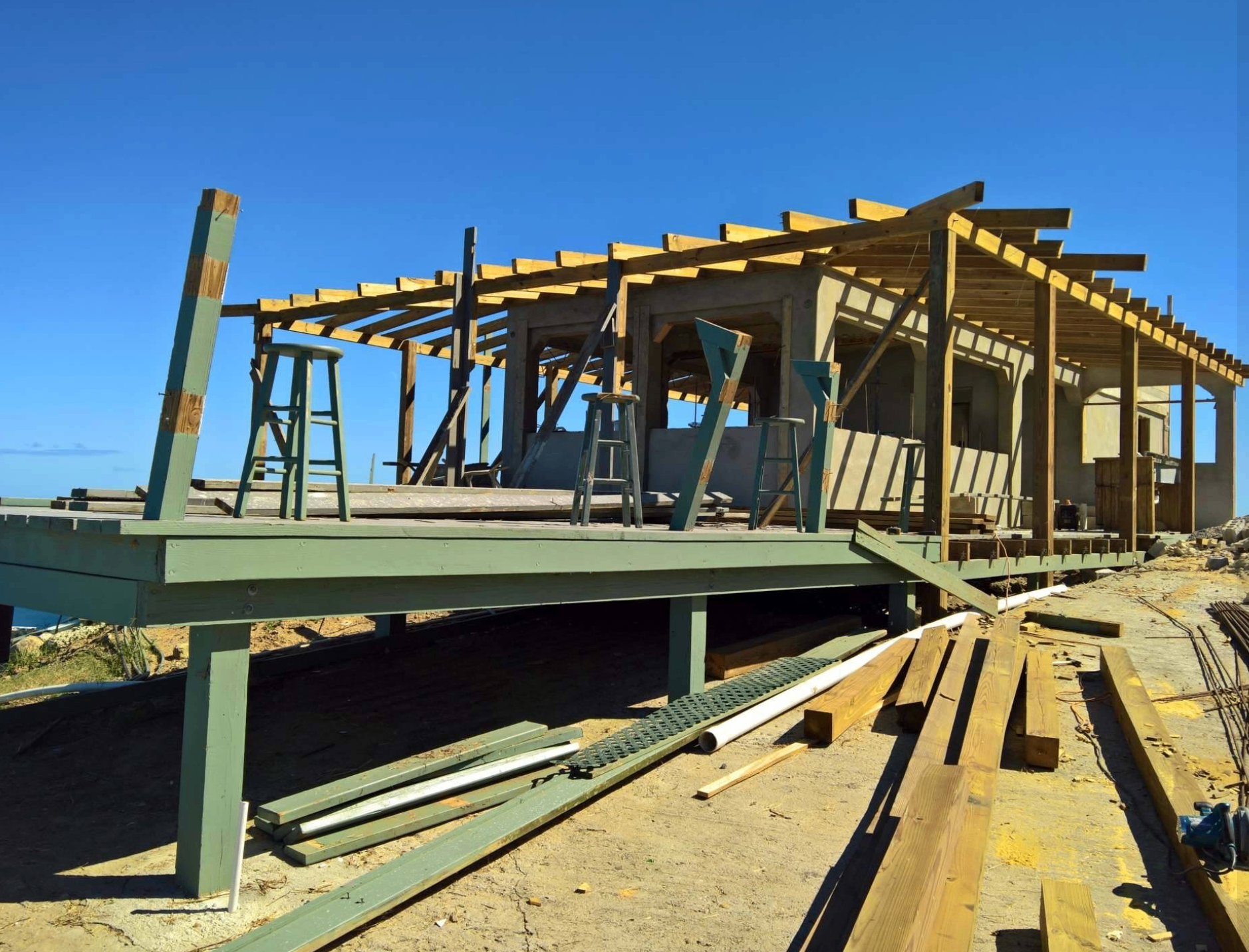 Framing the new roof on the rebuilt Hog Heaven